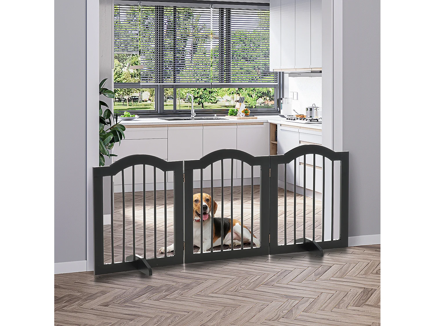 Barrière de sécurité barrière modulable pliable pour animaux de compagnie - piètement support - dim. 154,5L x 61H cm - MDF bois noir