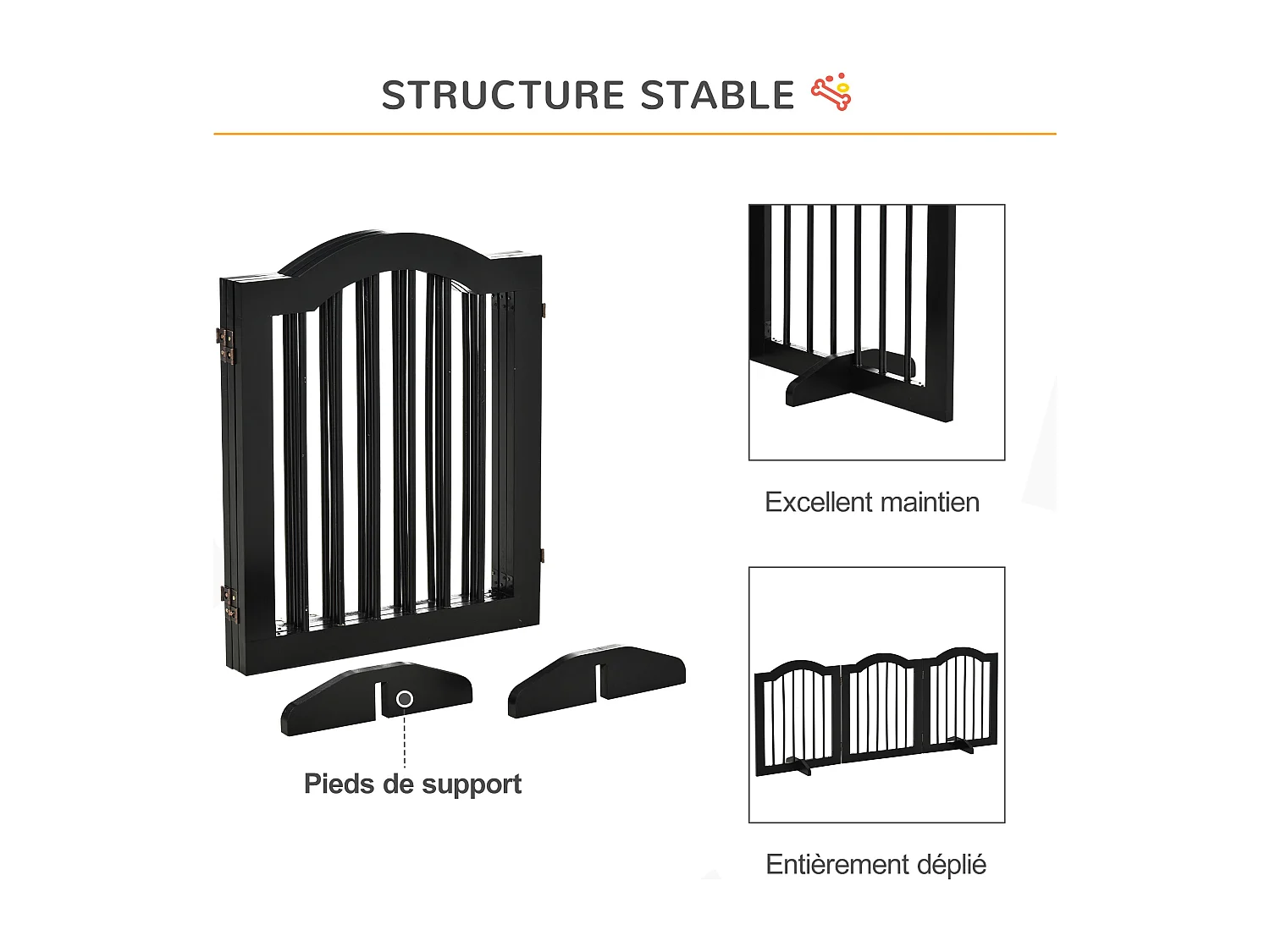 Barrière de sécurité barrière modulable pliable pour animaux de compagnie - piètement support - dim. 154,5L x 61H cm - MDF bois noir