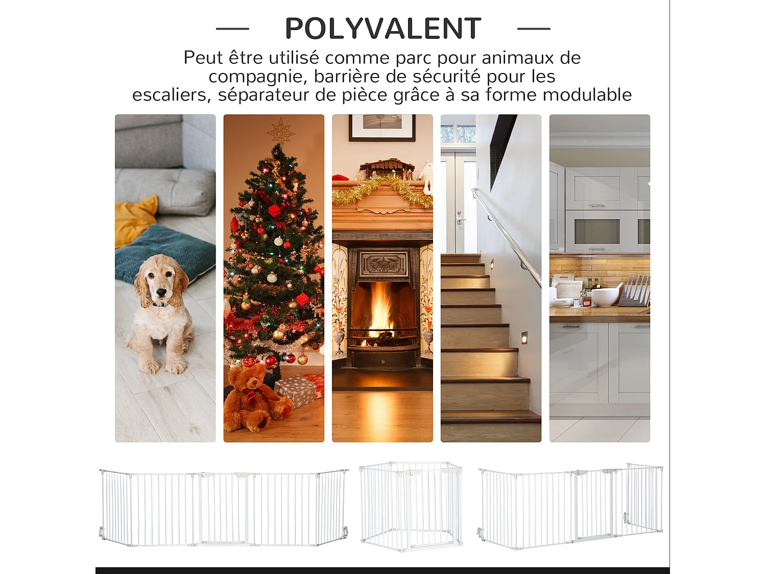 Barrière de sécurité parc enclos chien modulable pliable porte verrouillable intégrée 5 panneaux en métal 300L max. x 74,5H cm métal PP blanc