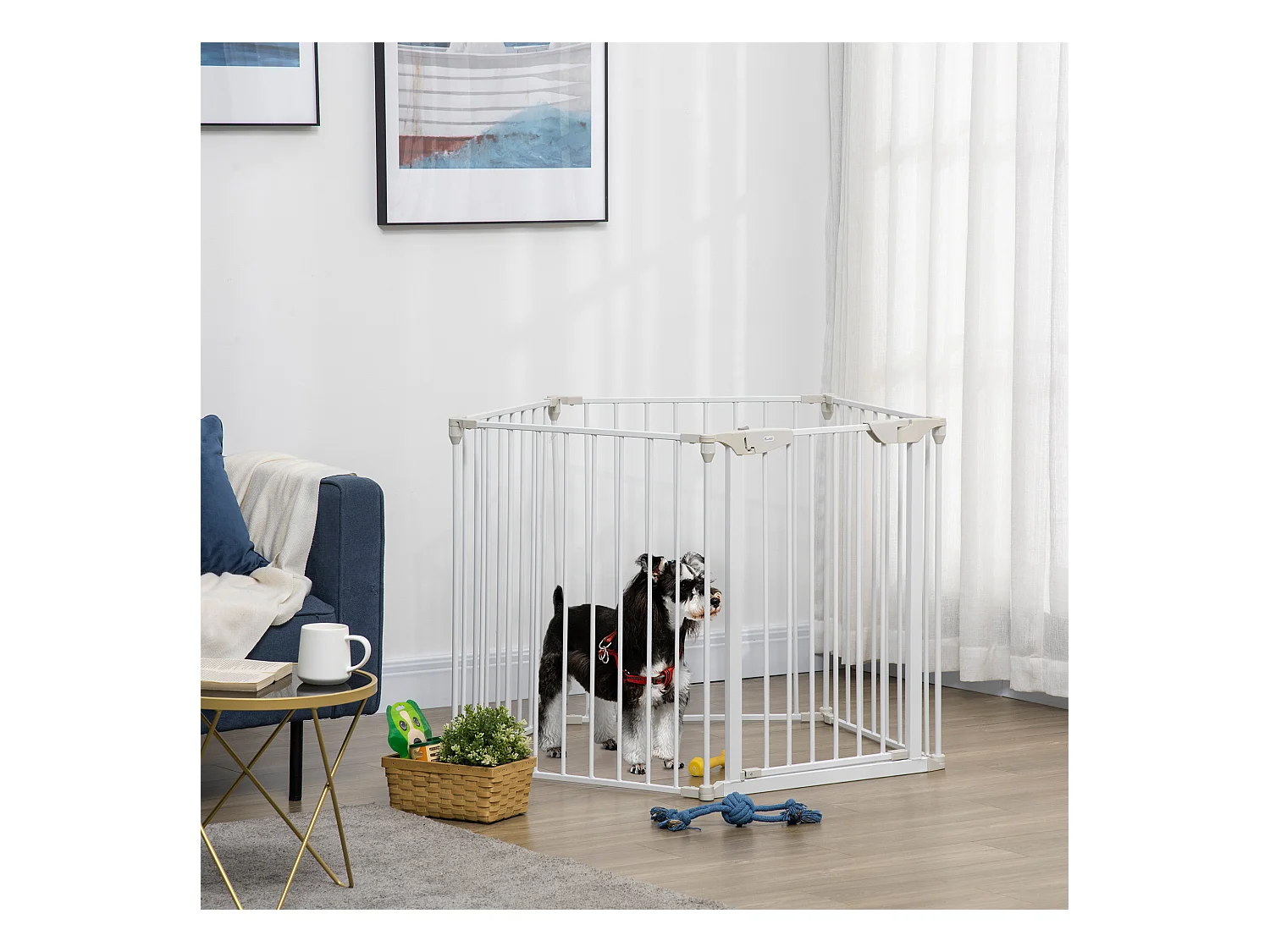 Barrière de sécurité parc enclos chien modulable pliable porte verrouillable intégrée 5 panneaux en métal 300L max. x 74,5H cm métal PP blanc