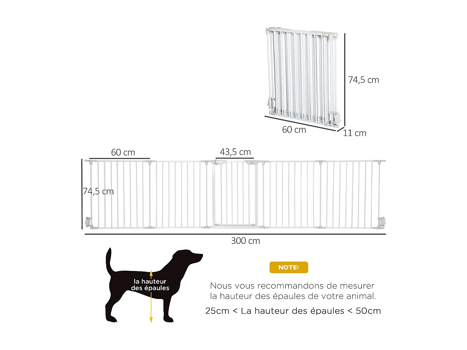 Barrière de sécurité parc enclos chien modulable pliable porte verrouillable intégrée 5 panneaux en métal 300L max. x 74,5H cm métal PP blanc