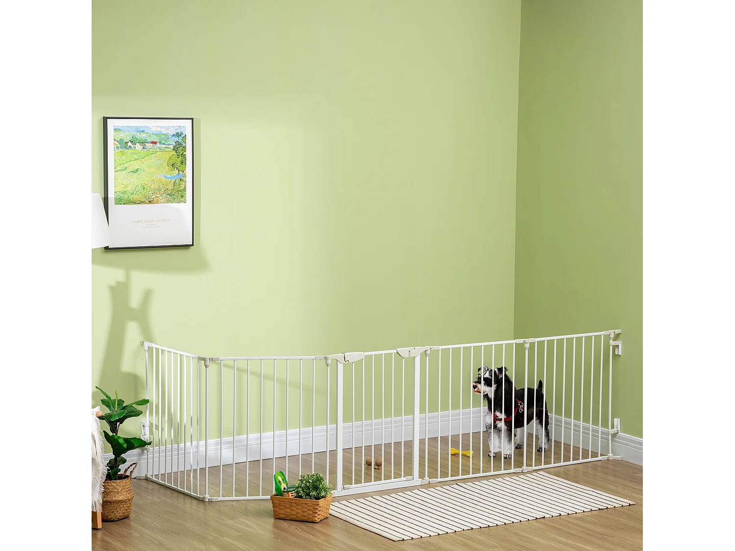 Barrière de sécurité parc enclos chien modulable pliable porte verrouillable intégrée 5 panneaux en métal 300L max. x 74,5H cm métal PP blanc