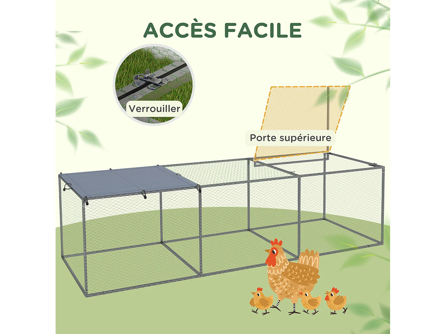 Cage parc enclos poulailler dim. 2,96L x 1l x 0,8H m - espace couvert - ouverture toit verrouillable - acier gris vert