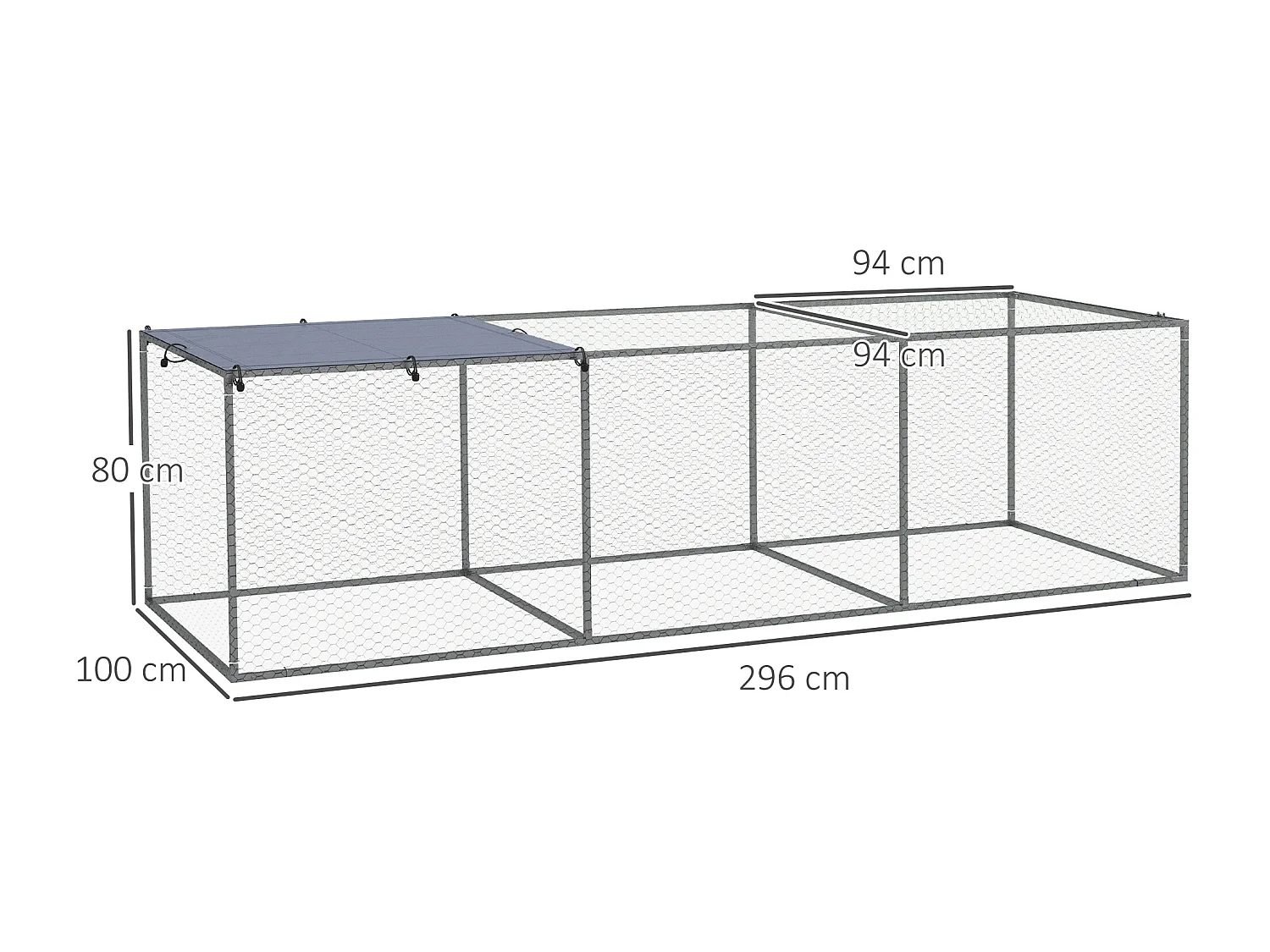 Cage parc enclos poulailler dim. 2,96L x 1l x 0,8H m - espace couvert - ouverture toit verrouillable - acier gris vert