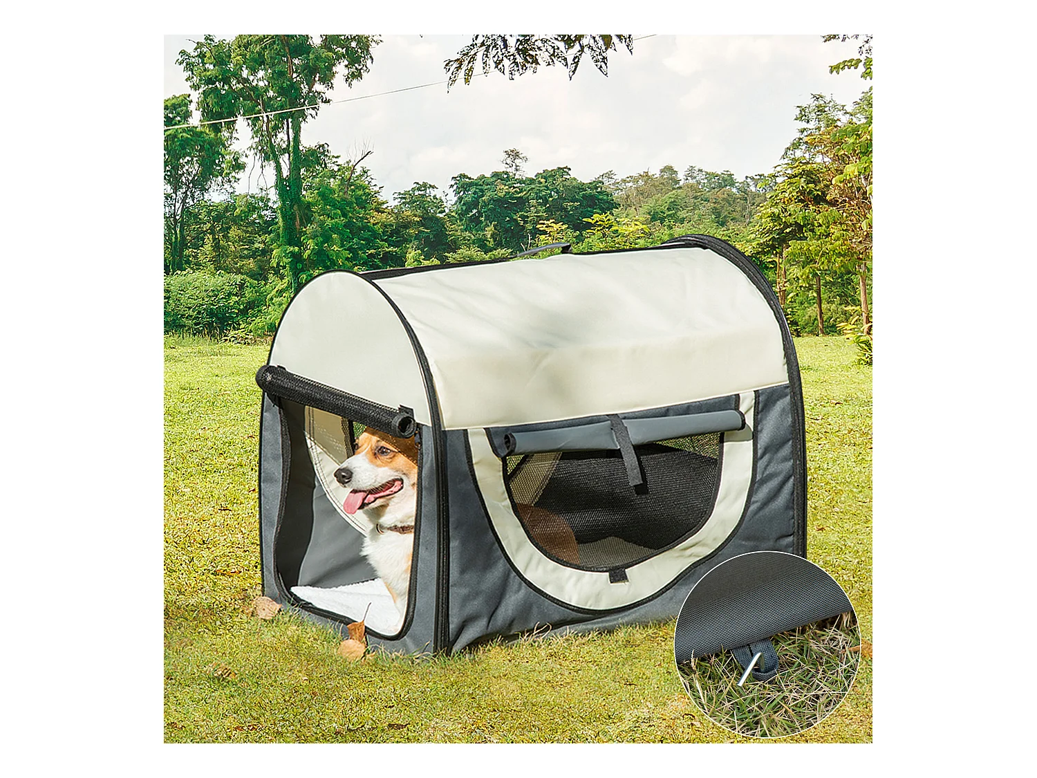 Sac de transport pliable chien chat - poignée, porte, 3 fenêtres, coussin - gris beige