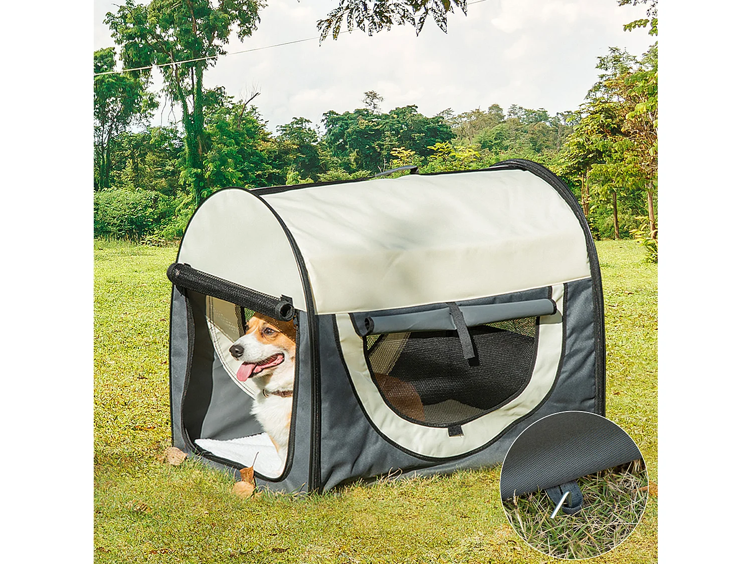 Sac de transport pliable chien chat - poignée, porte, 3 fenêtres, coussin - gris beige