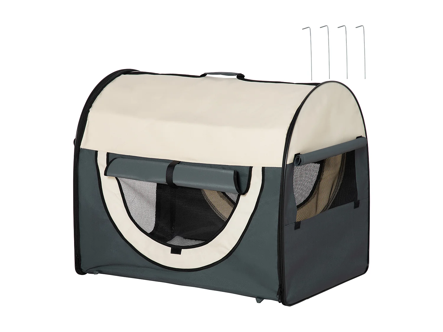 Sac de transport pliable chien chat - poignée, porte, 3 fenêtres, coussin - gris beige
