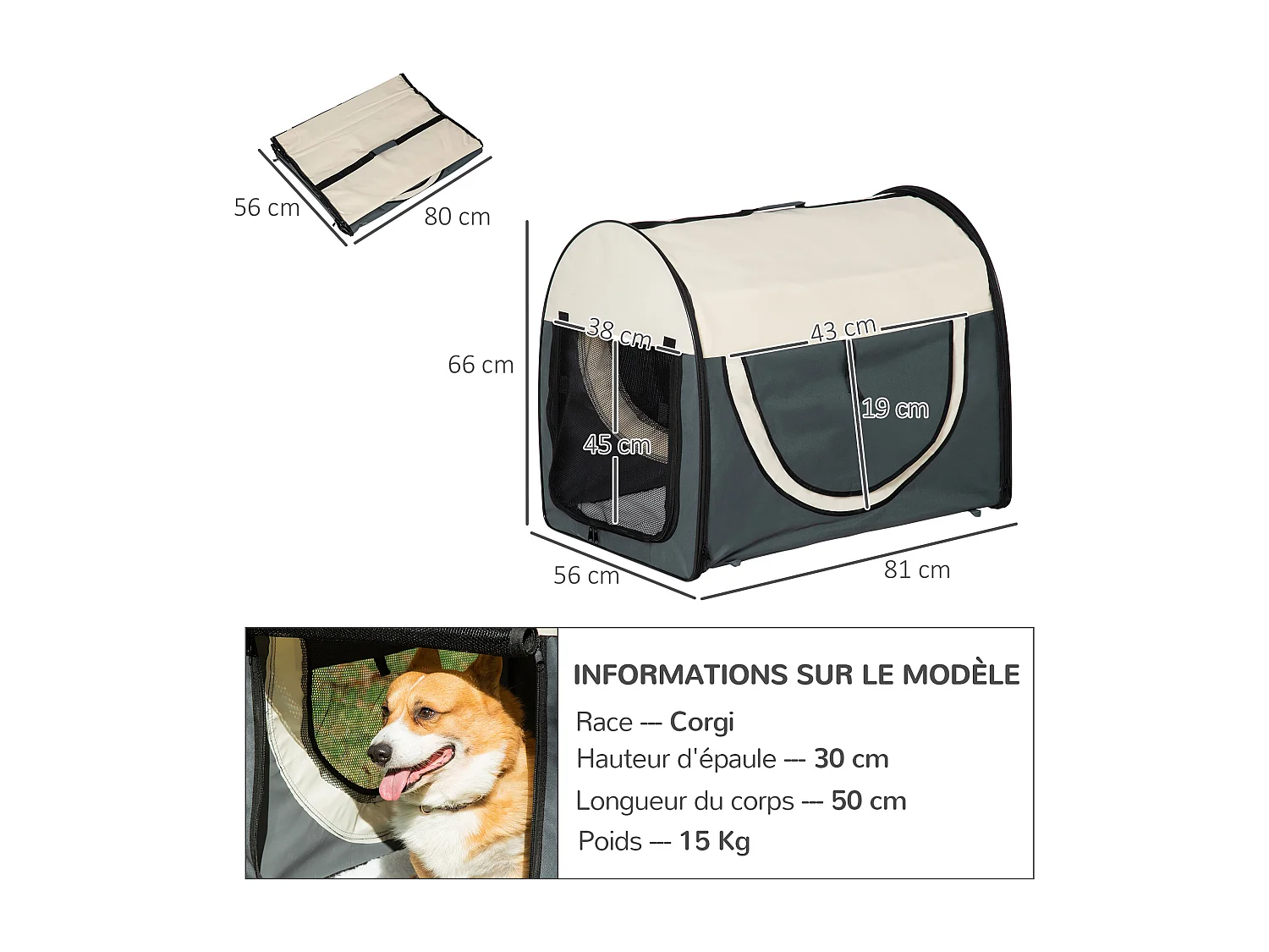 Sac de transport pliable chien chat - poignée, porte, 3 fenêtres, coussin - gris beige