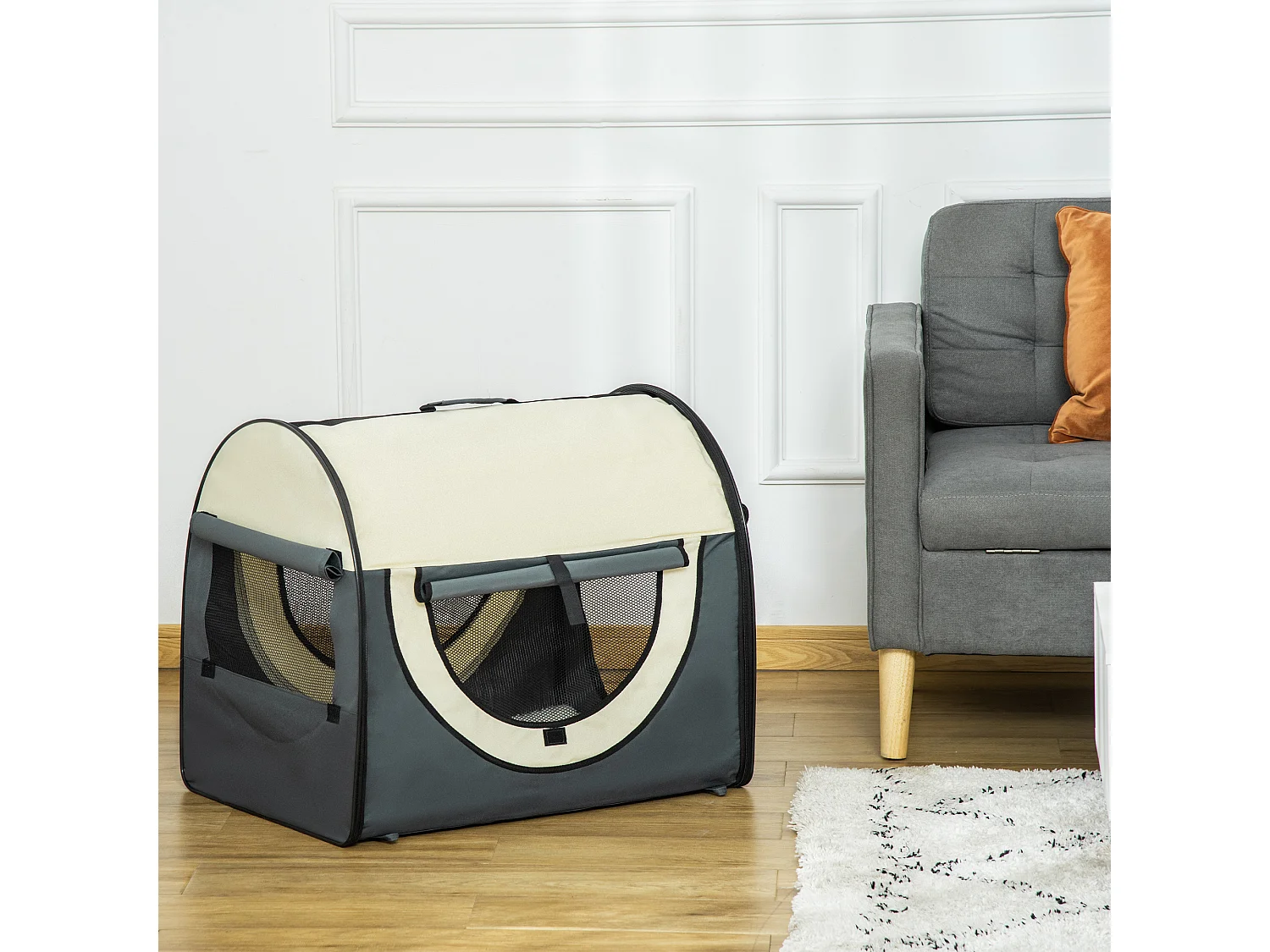 Sac de transport pliable chien chat - poignée, porte, 3 fenêtres, coussin - gris beige