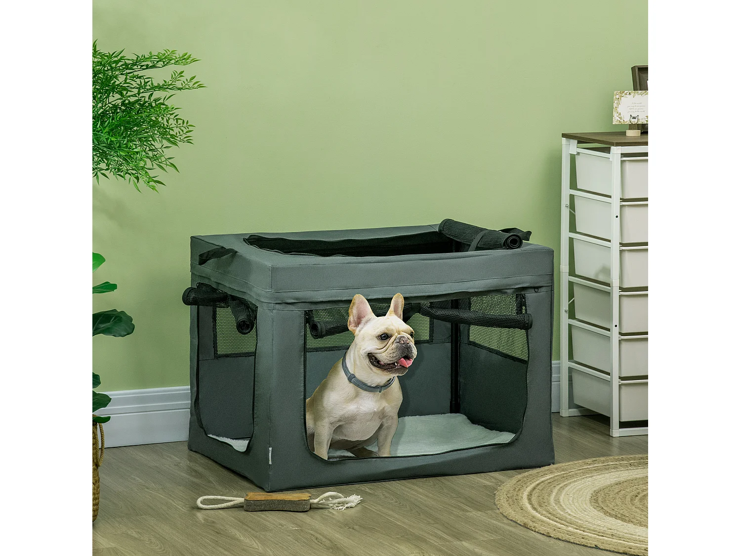 Sac de transport pliable pour chien chat - 2 poignées, 3 portes - dim. 79L x 57l x 57H cm - acier polyester gris