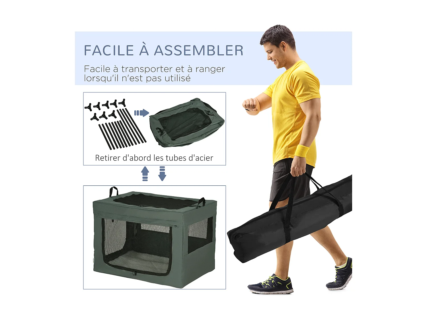 Sac de transport pliable pour chien chat - 2 poignées, 3 portes - dim. 79L x 57l x 57H cm - acier polyester gris