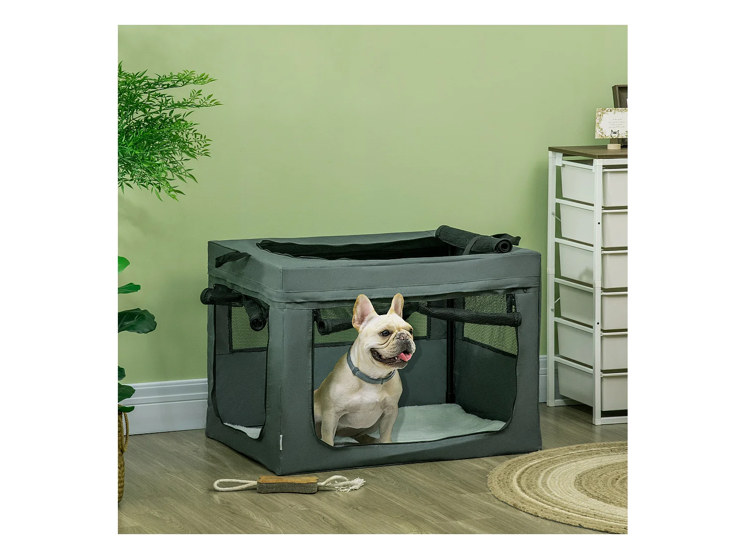 Sac de transport pliable pour chien chat - 2 poignées, 3 portes - dim. 79L x 57l x 57H cm - acier polyester gris