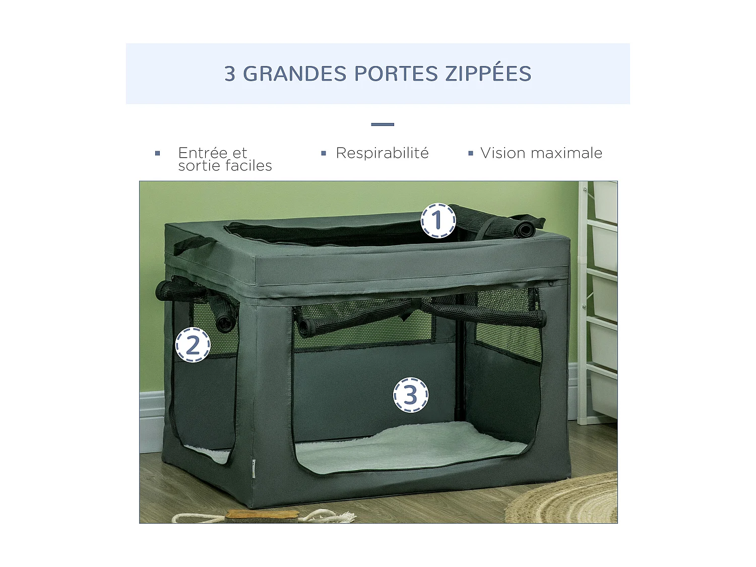 Sac de transport pliable pour chien chat - 2 poignées, 3 portes - dim. 79L x 57l x 57H cm - acier polyester gris