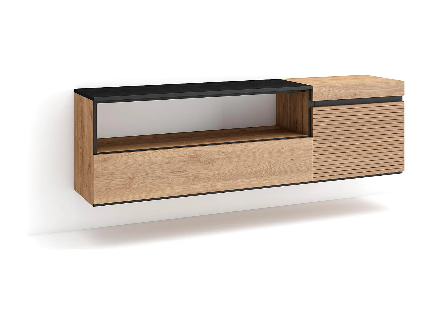 Meuble TV | Banc Télé, 150x35x45cm, Pour les TV jusqu'à 65", Suspendu, Mural, Chêne