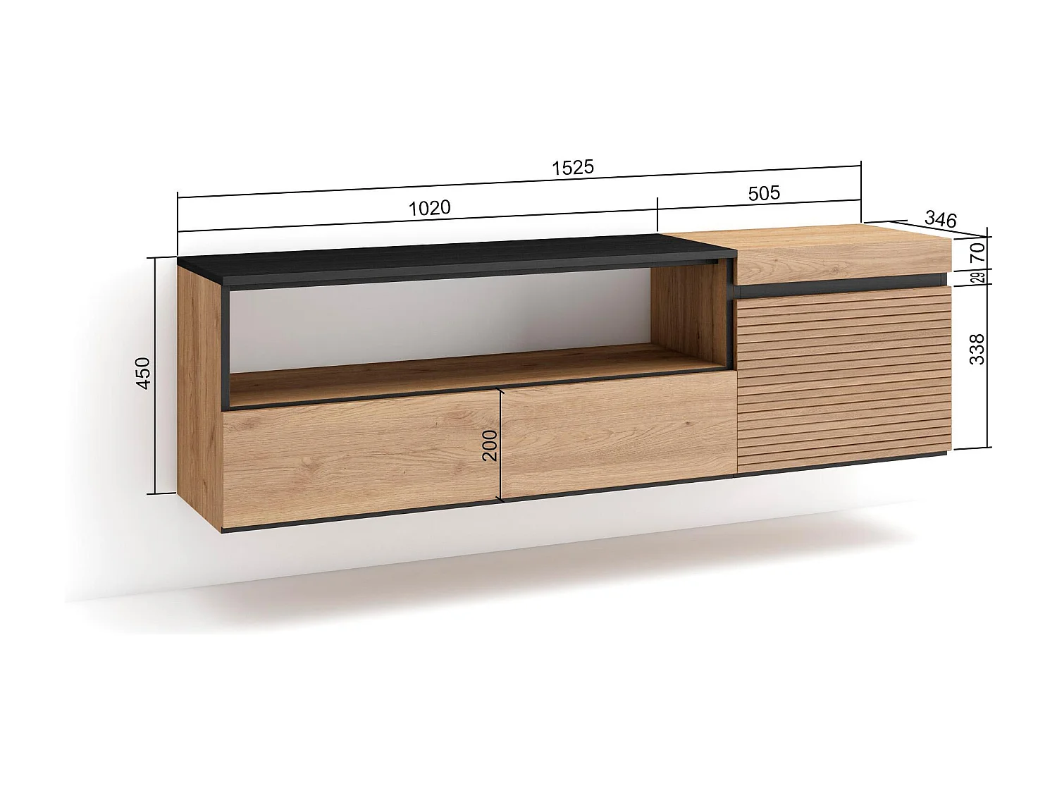 Meuble TV | Banc Télé, 150x35x45cm, Pour les TV jusqu'à 65", Suspendu, Mural, Chêne