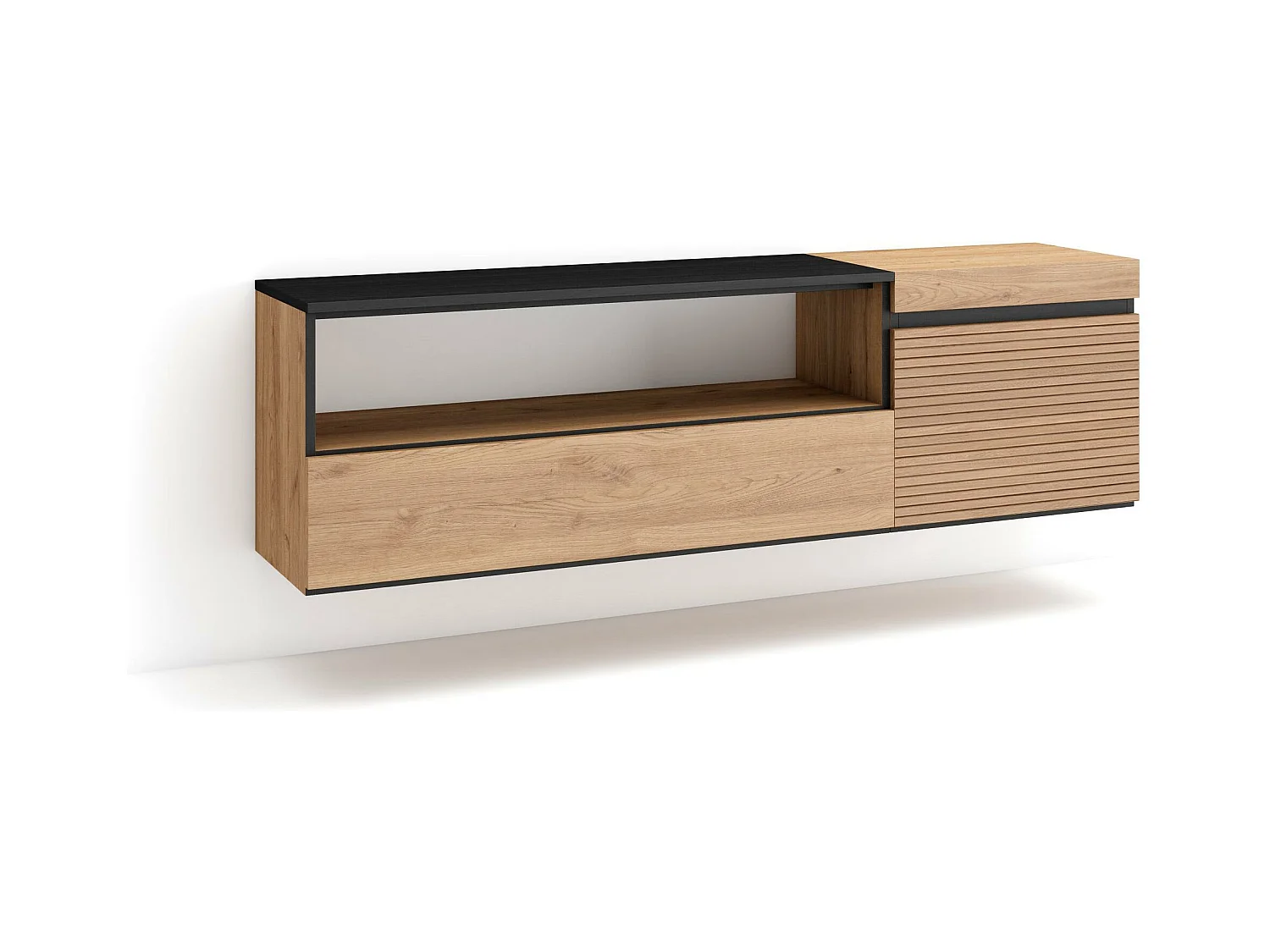Meuble TV | Banc Télé, 150x35x45cm, Pour les TV jusqu'à 65", Suspendu, Mural, Chêne