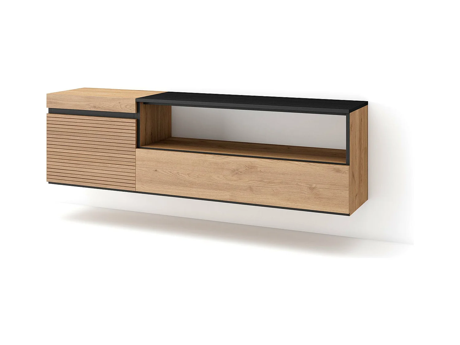 Meuble TV | Banc Télé, 150x35x45cm, Pour les TV jusqu'à 65", Suspendu, Mural, Chêne