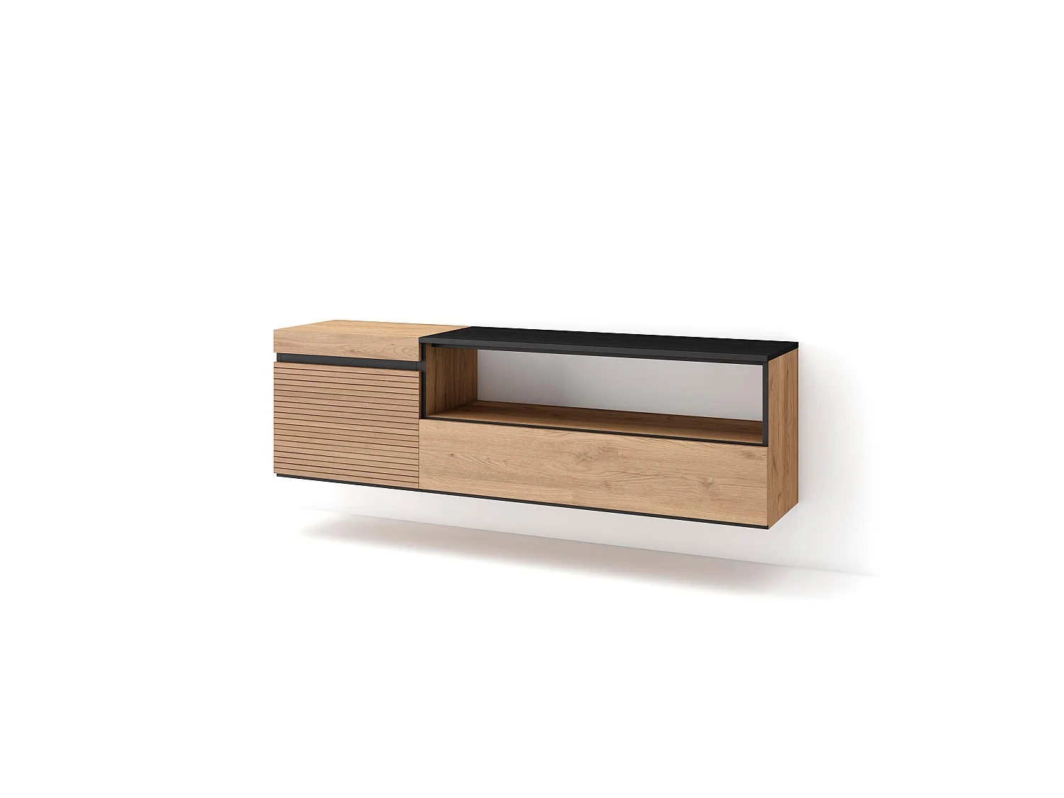 Meuble TV, Banc Télé, 150x35x45cm, Pour les TV jusqu'à 65", Suspendu, Mural, Chêne