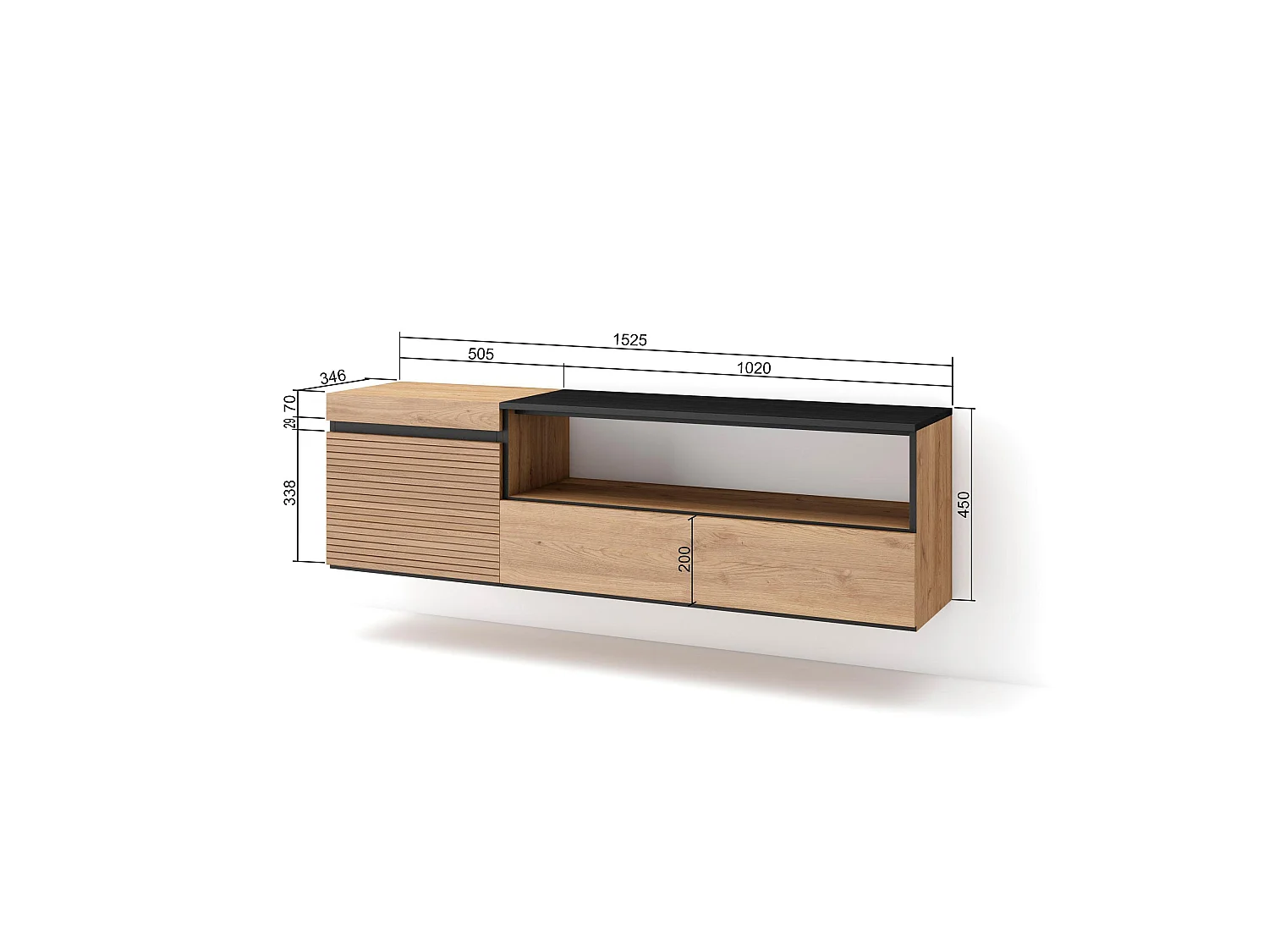 Meuble TV, Banc Télé, 150x35x45cm, Pour les TV jusqu'à 65", Suspendu, Mural, Chêne