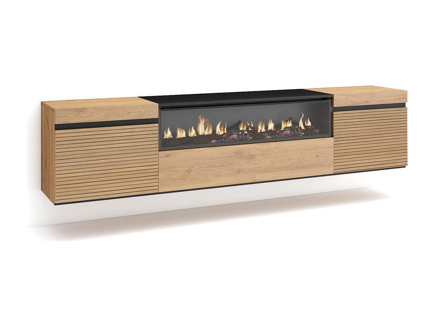 Mobile TV Soggiorno, 200x35x45cm, Per TV fino a 80", Camino elettrico, Sospeso, da appendere, Rovere