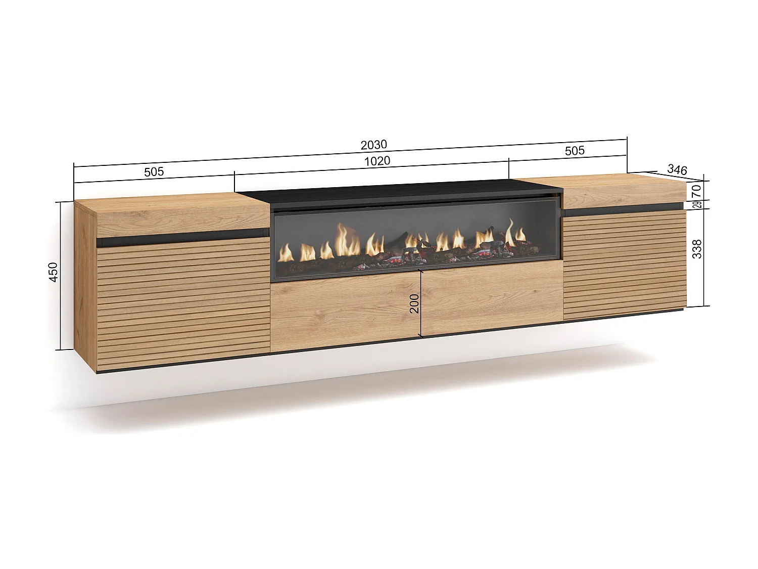 Mobile TV Soggiorno, 200x35x45cm, Per TV fino a 80", Camino elettrico, Sospeso, da appendere, Rovere