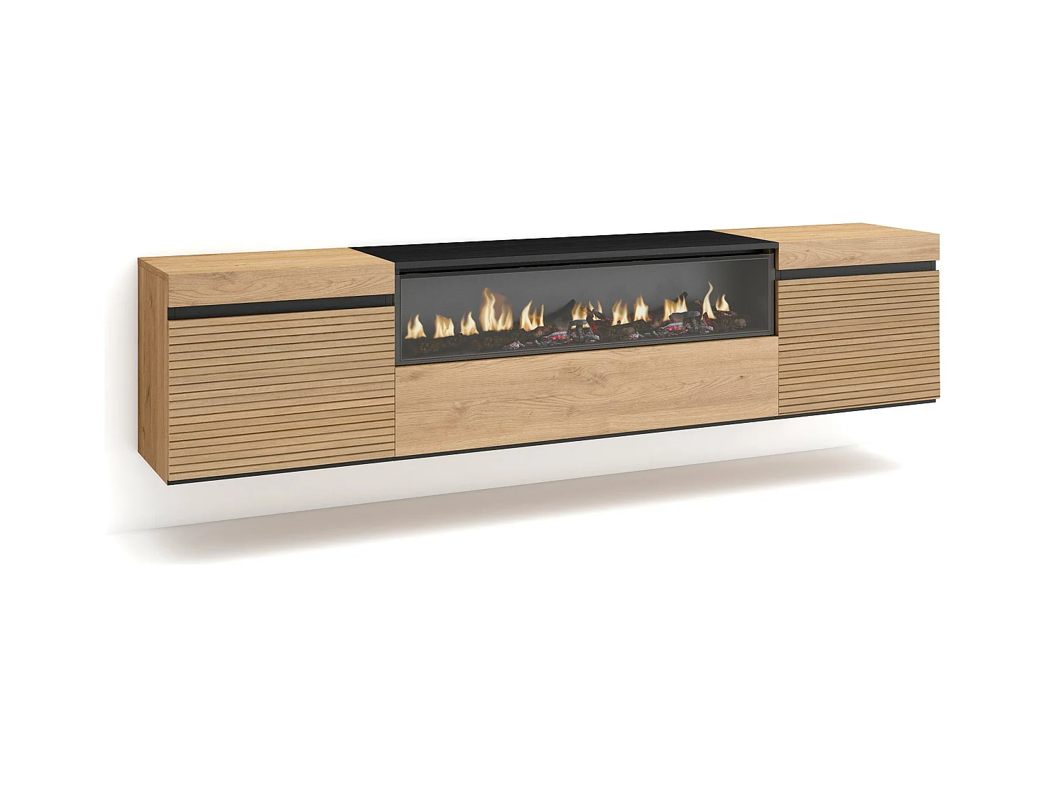 Meuble TV | Banc Télé, 200x35x45cm, Pour les TV jusqu'à 80", Cheminée électrique, Suspendu, Mural, Chêne