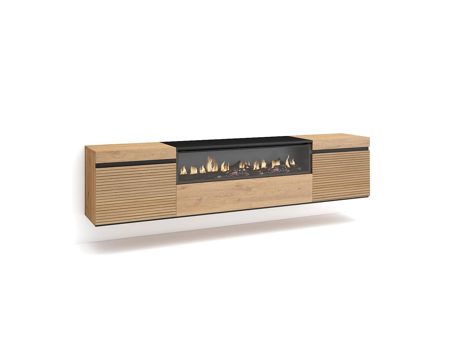 Meuble TV, Banc Télé, 200x35x45cm, Pour les TV jusqu'à 80", Cheminée électrique, Suspendu, Mural, Chêne