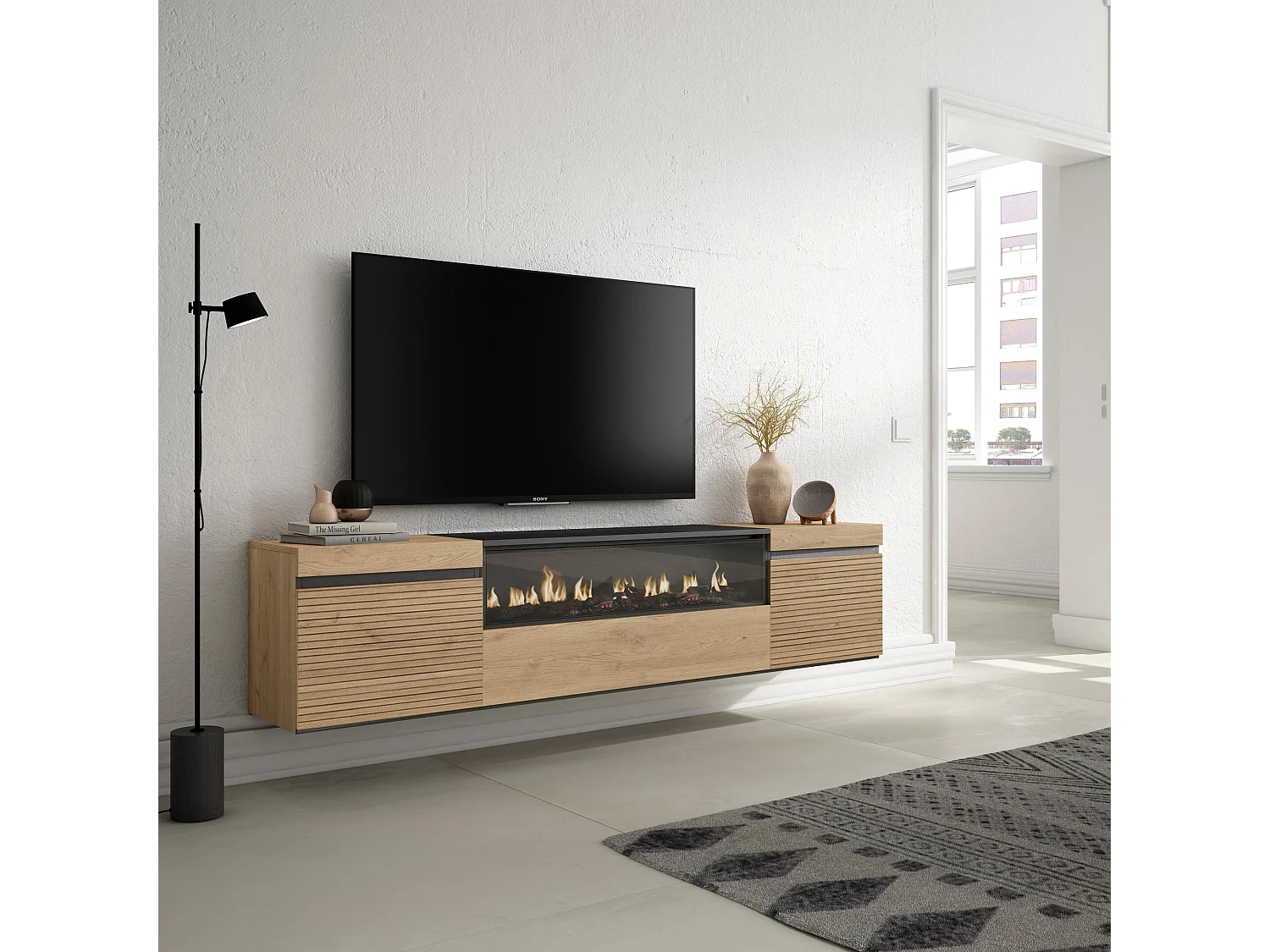 Meuble TV, Banc Télé, 200x35x45cm, Pour les TV jusqu'à 80", Cheminée électrique, Suspendu, Mural, Chêne