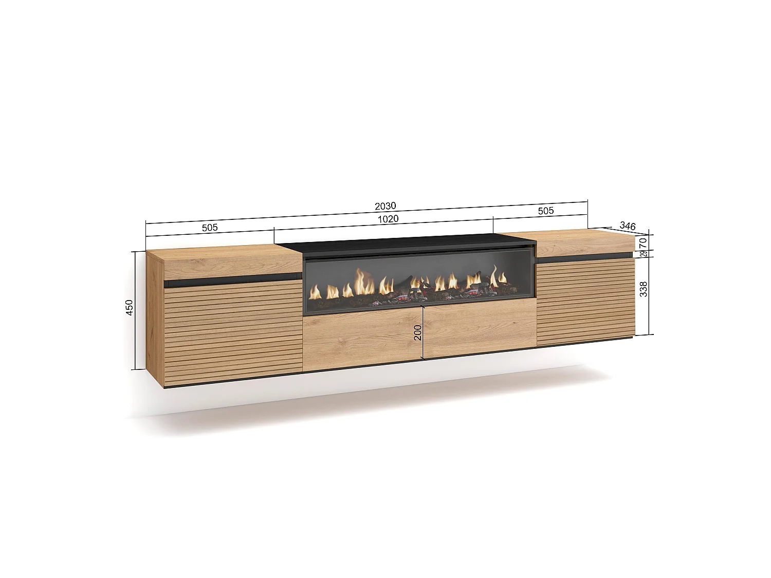 Meuble TV, Banc Télé, 200x35x45cm, Pour les TV jusqu'à 80", Cheminée électrique, Suspendu, Mural, Chêne