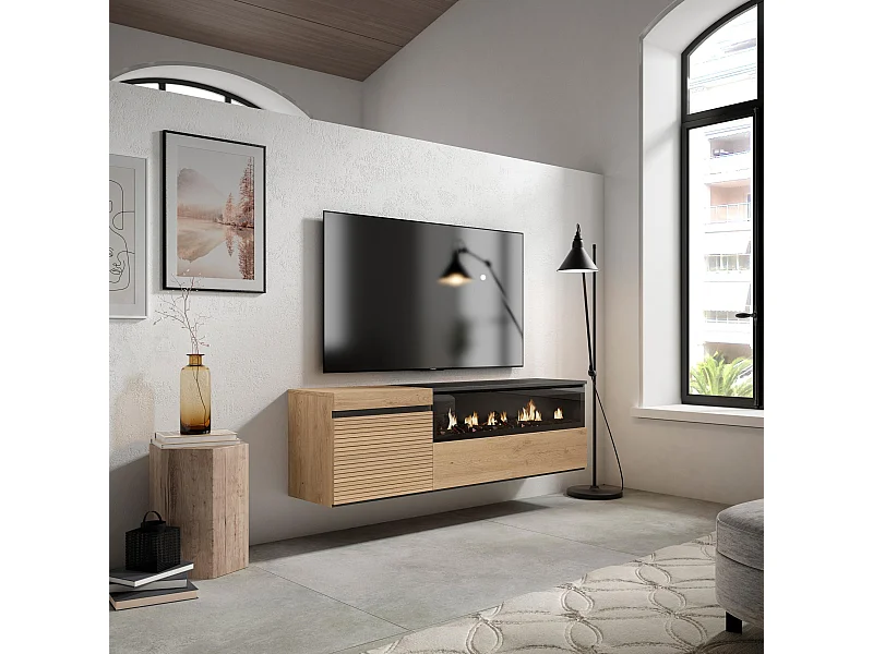 Mobile TV Soggiorno, 150x35x45cm, Per TV fino a 65", Camino elettrico, Sospeso, da appendere, Rovere
