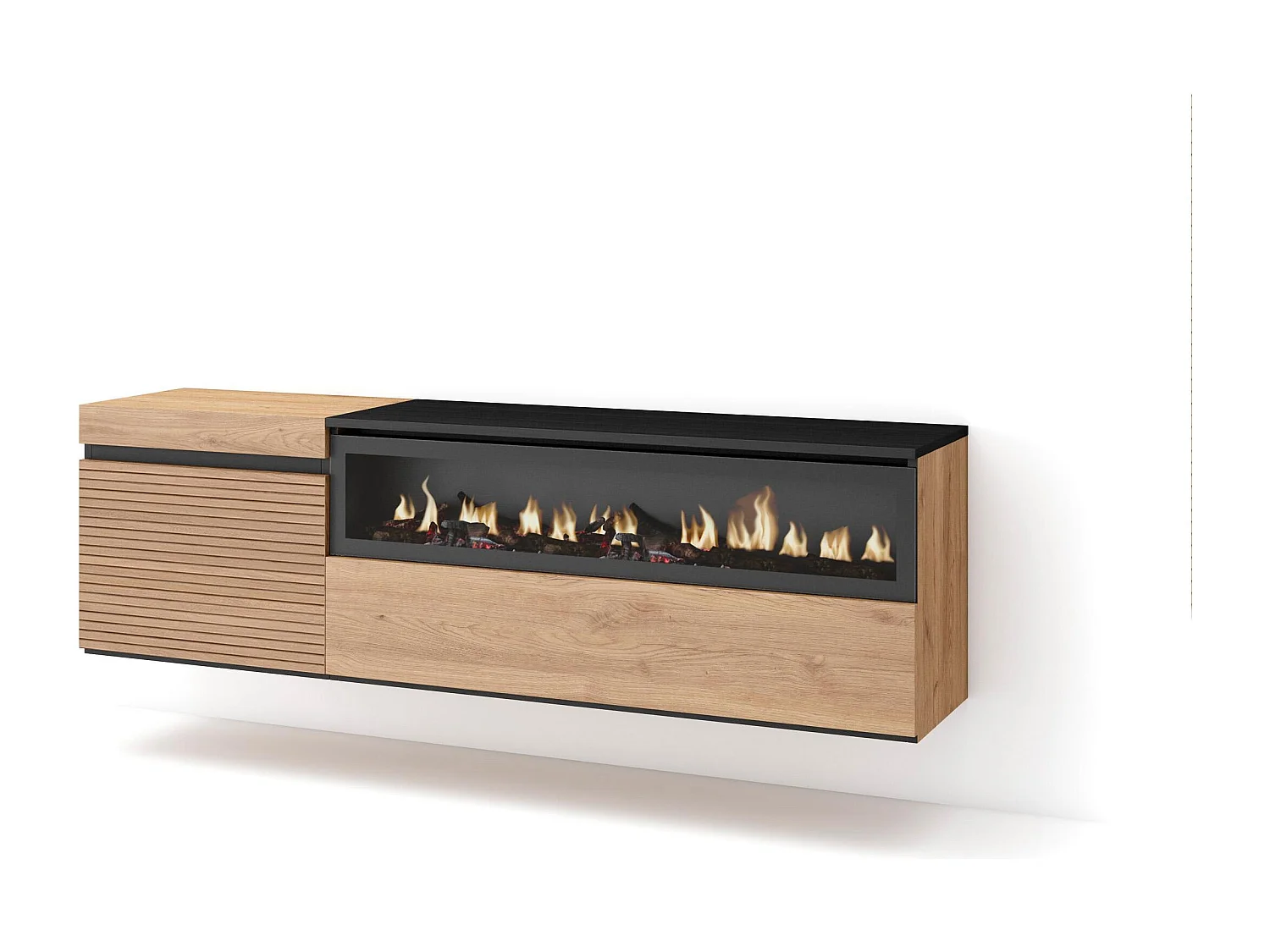 Mobile TV Soggiorno, 150x35x45cm, Per TV fino a 65", Camino elettrico, Sospeso, da appendere, Rovere