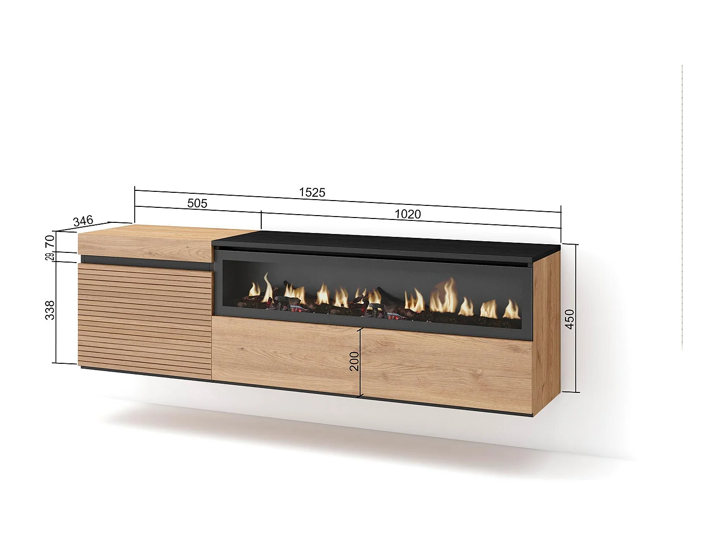 Mobile TV Soggiorno, 150x35x45cm, Per TV fino a 65", Camino elettrico, Sospeso, da appendere, Rovere