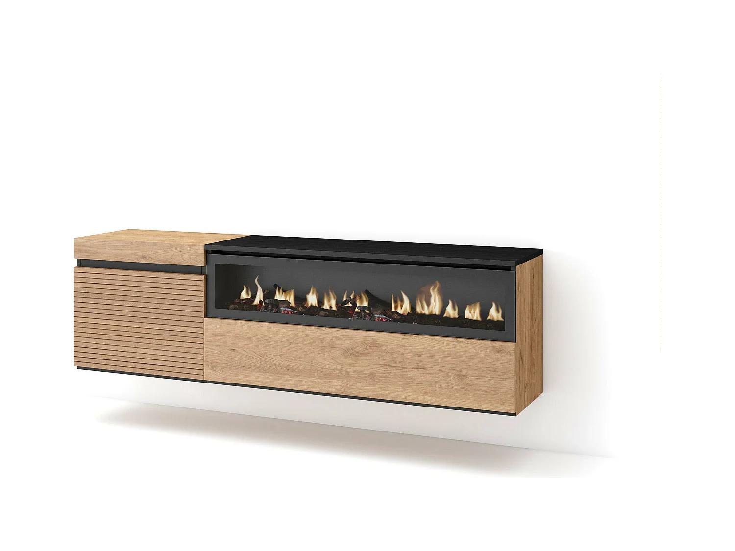 Meuble TV | Banc Télé, 150x35x45cm, Pour les TV jusqu'à 65", Cheminée électrique, Suspendu, Mural, Chêne