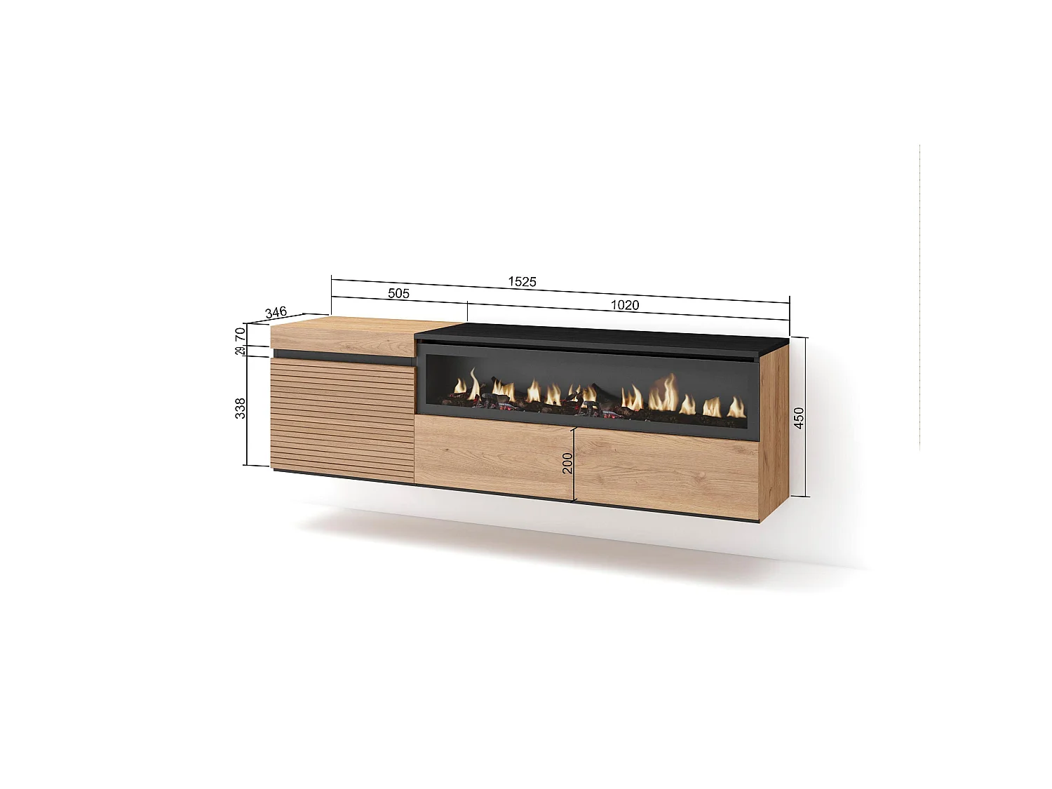 Meuble TV, Banc Télé, 150x35x45cm, Pour les TV jusqu'à 65", Cheminée électrique, Suspendu, Mural, Chêne