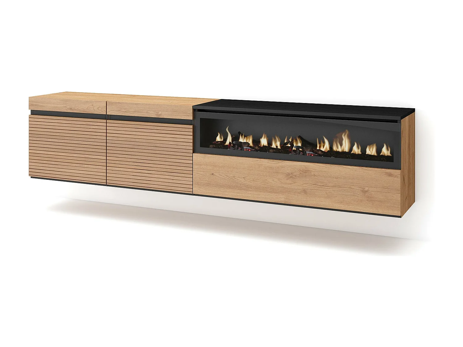 Meuble TV | Banc Télé, 200x45x35cm, Pour les TV jusqu'à 80", Cheminée électrique, Suspendu, Mural, Chêne
