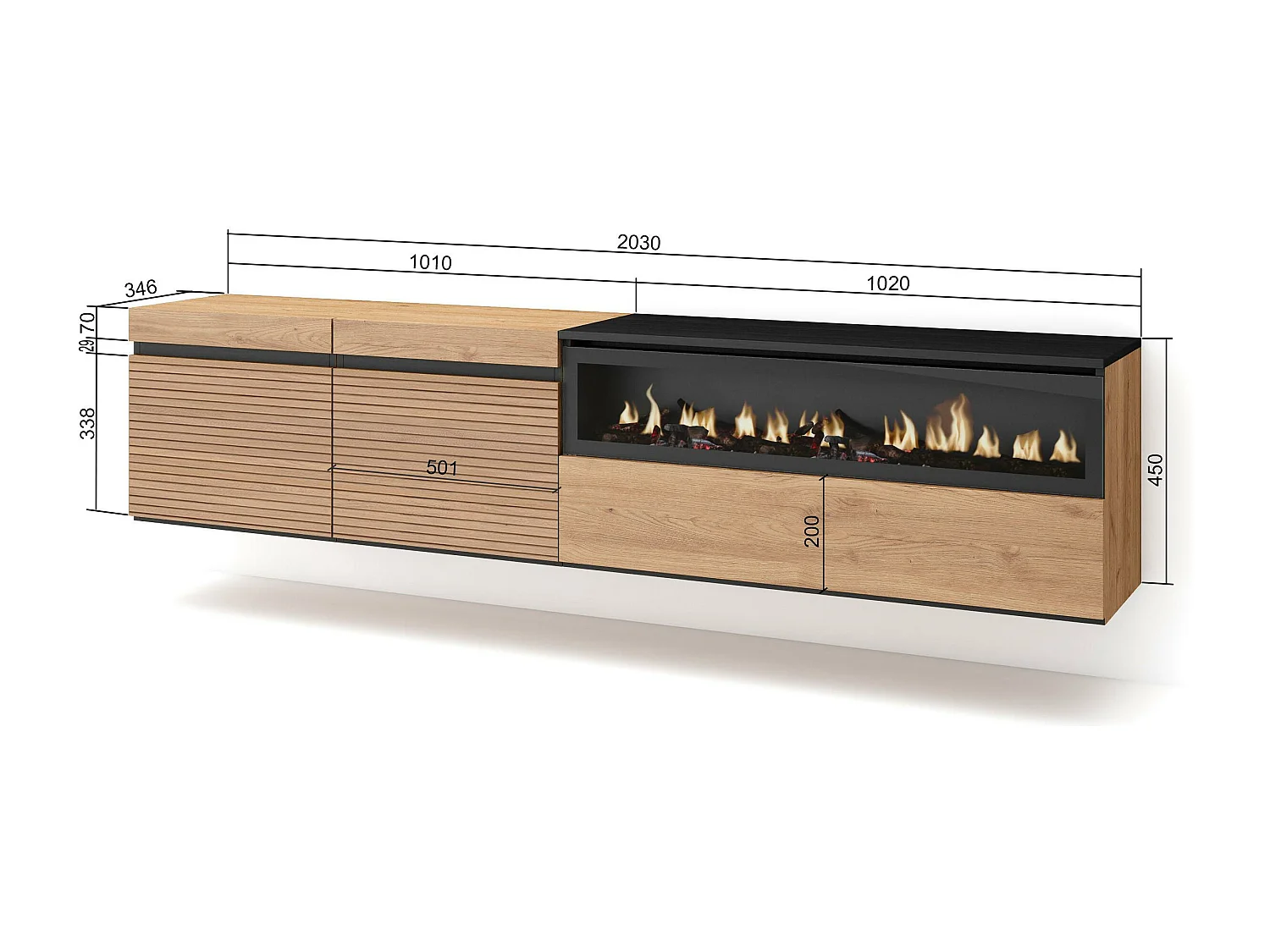 Meuble TV | Banc Télé, 200x45x35cm, Pour les TV jusqu'à 80", Cheminée électrique, Suspendu, Mural, Chêne