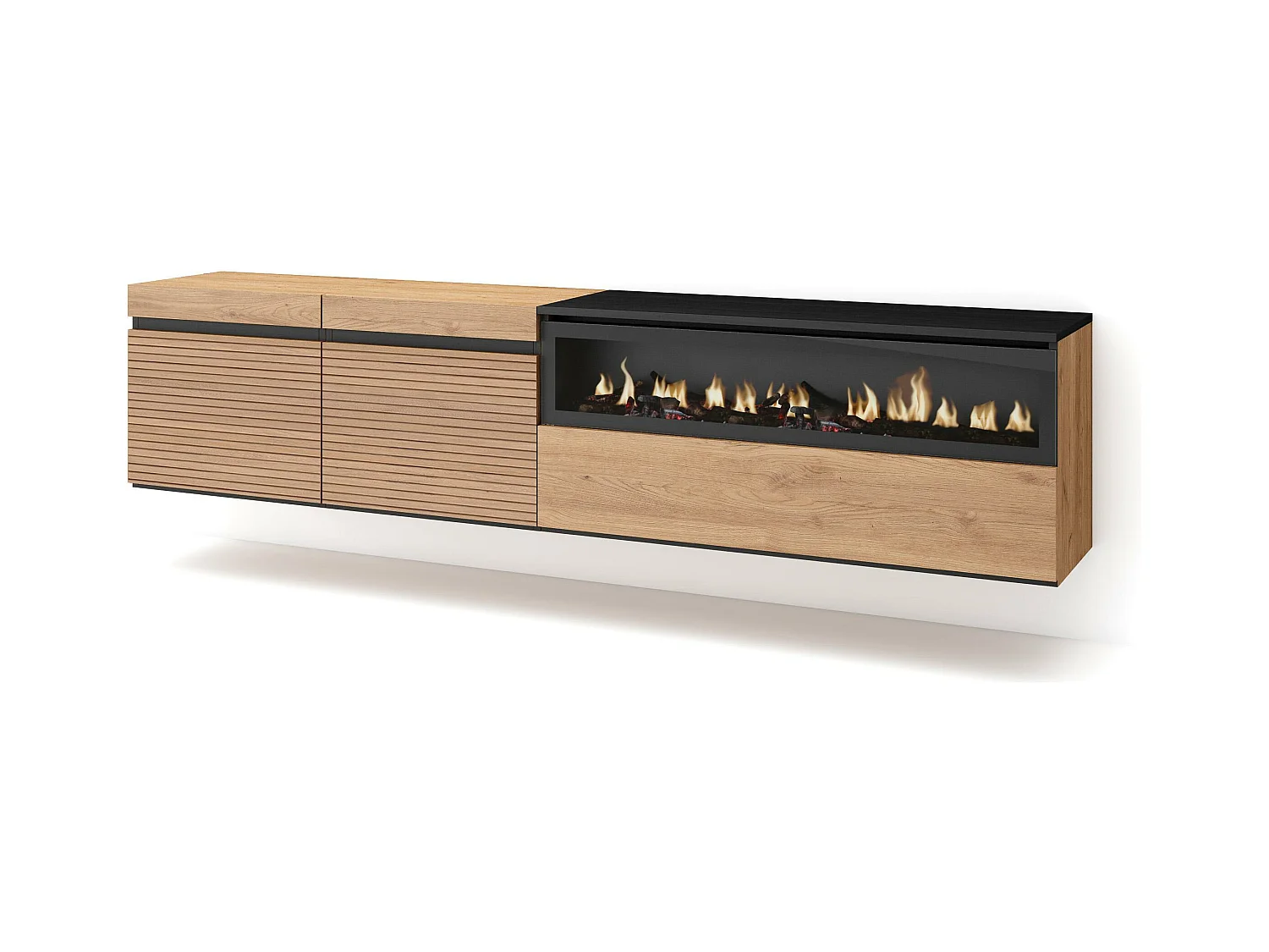 Meuble TV | Banc Télé, 200x45x35cm, Pour les TV jusqu'à 80", Cheminée électrique, Suspendu, Mural, Chêne