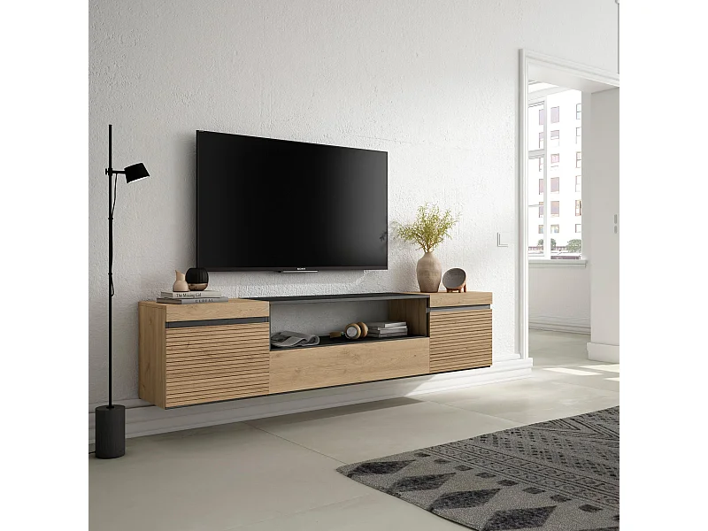 TV-Schrank, Lowboard, 200x35x45cm, Für TV-Geräte bis zu 80", Hängend, Eiche