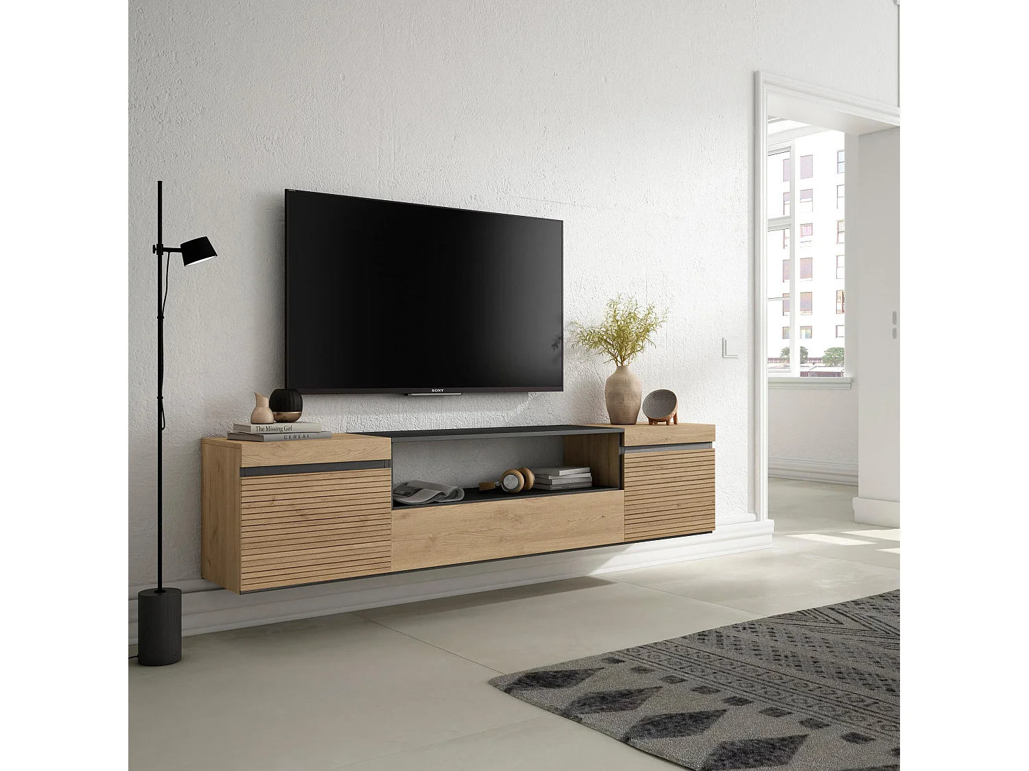 Meuble TV, Banc Télé, 200x35x45cm, Pour les TV jusqu'à 80", Suspendu, Mural, Chêne