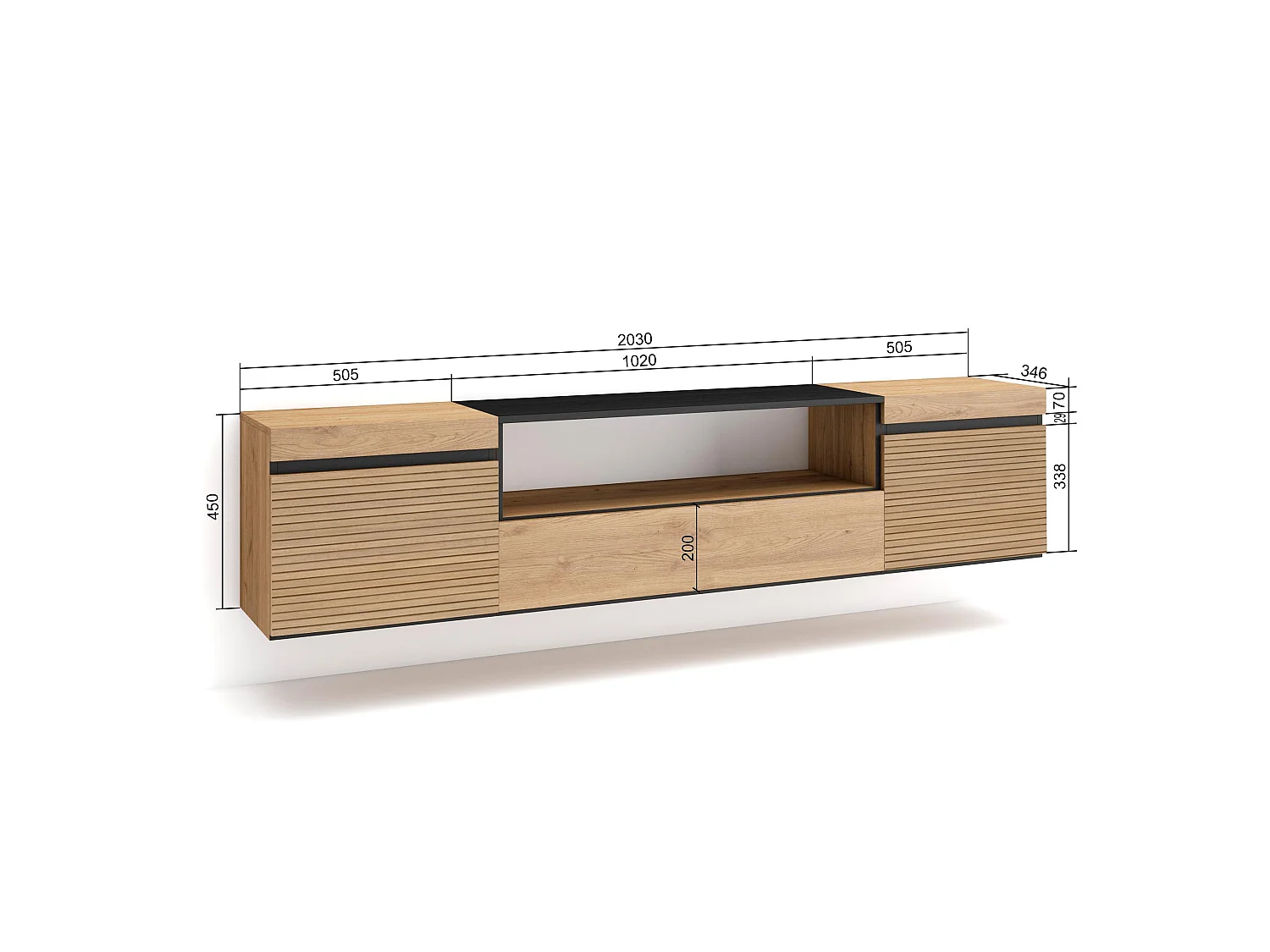 Meuble TV, Banc Télé, 200x35x45cm, Pour les TV jusqu'à 80", Suspendu, Mural, Chêne