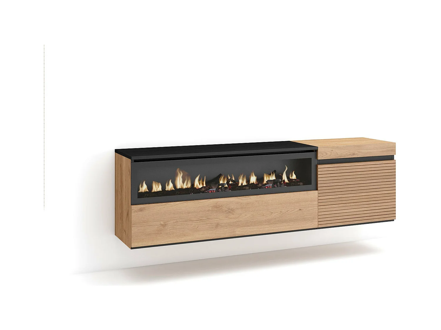 Meuble TV | Banc Télé, 150x35x45cm, Pour les TV jusqu'à 65", Cheminée électrique, Suspendu, Mural, Chêne