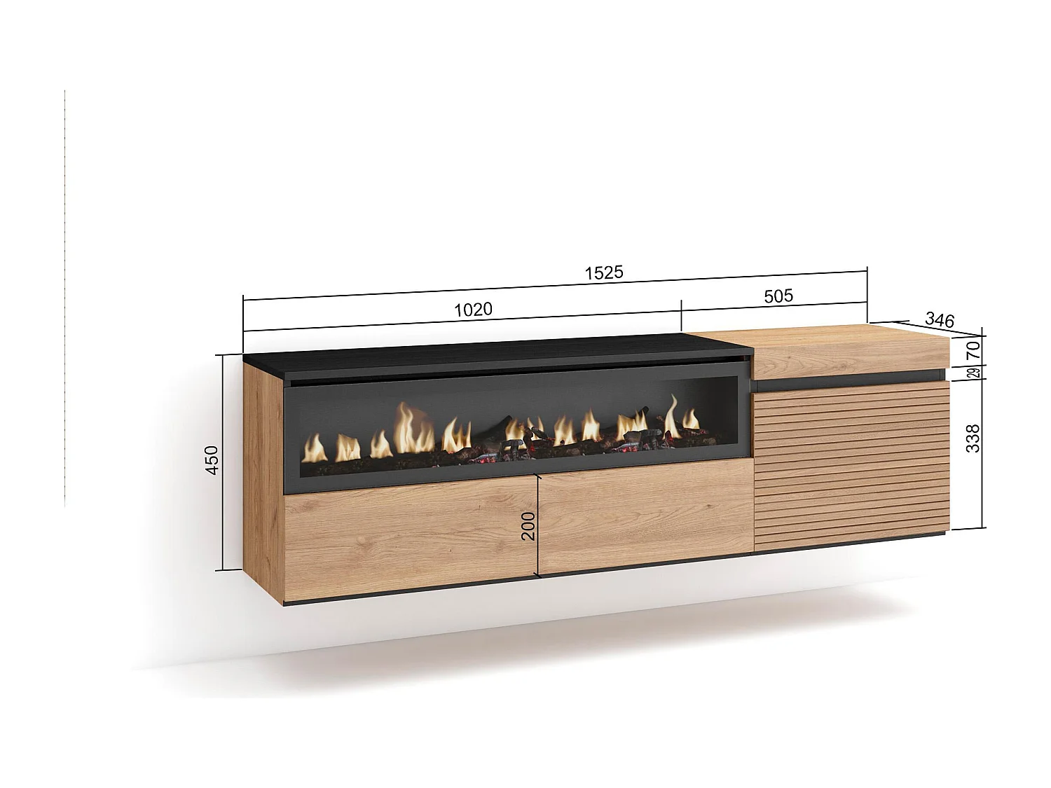 TV-Meubel, Lowboard, 150x35x45cm, Voor tv's tot 65", Elektrische haard, Hangend, Eiken