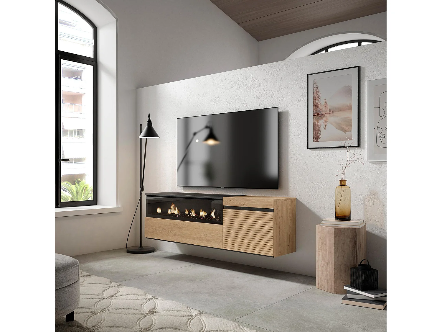 Meuble TV | Banc Télé, 150x35x45cm, Pour les TV jusqu'à 65", Cheminée électrique, Suspendu, Mural, Chêne