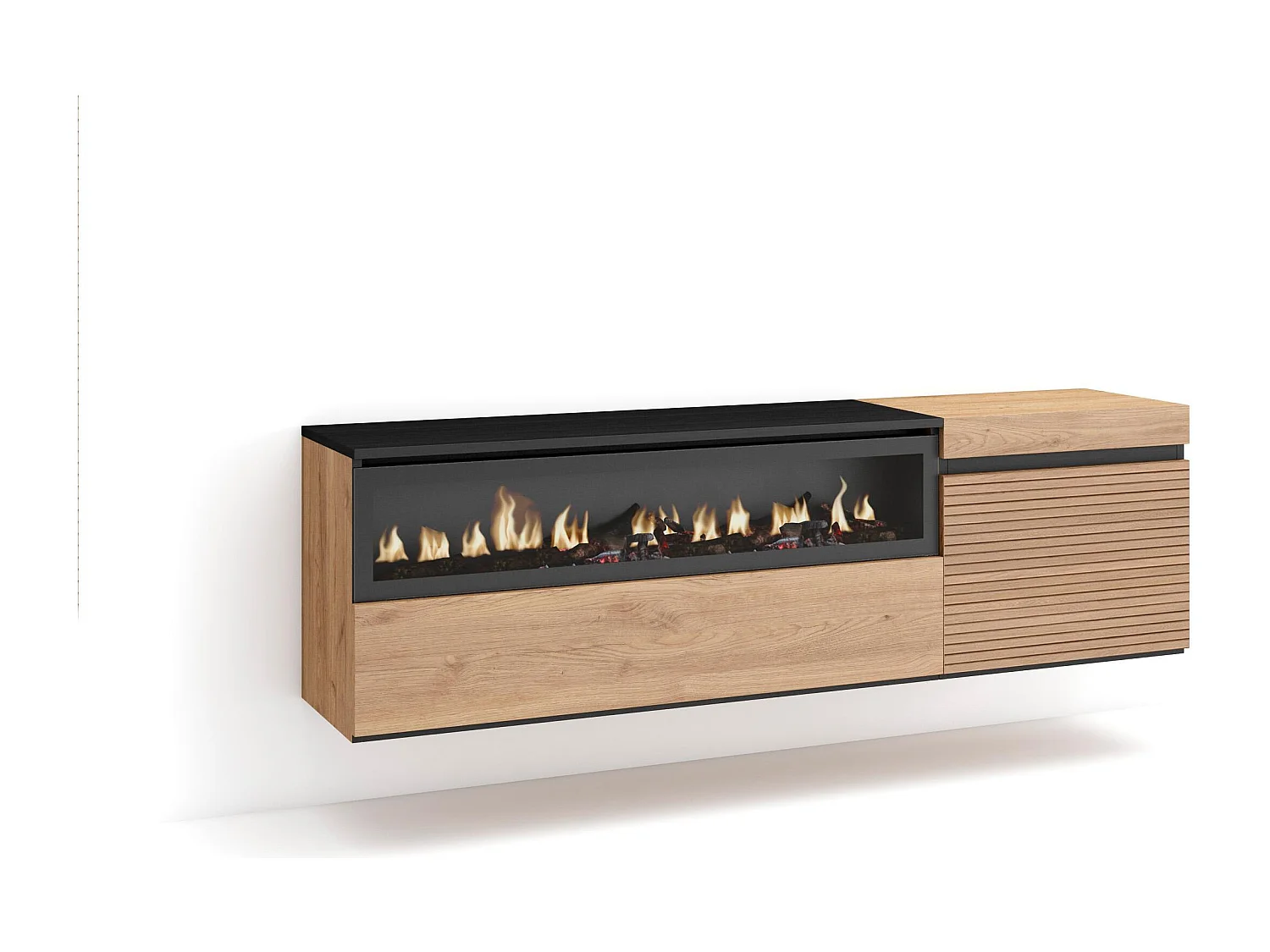 Meuble TV | Banc Télé, 150x35x45cm, Pour les TV jusqu'à 65", Cheminée électrique, Suspendu, Mural, Chêne