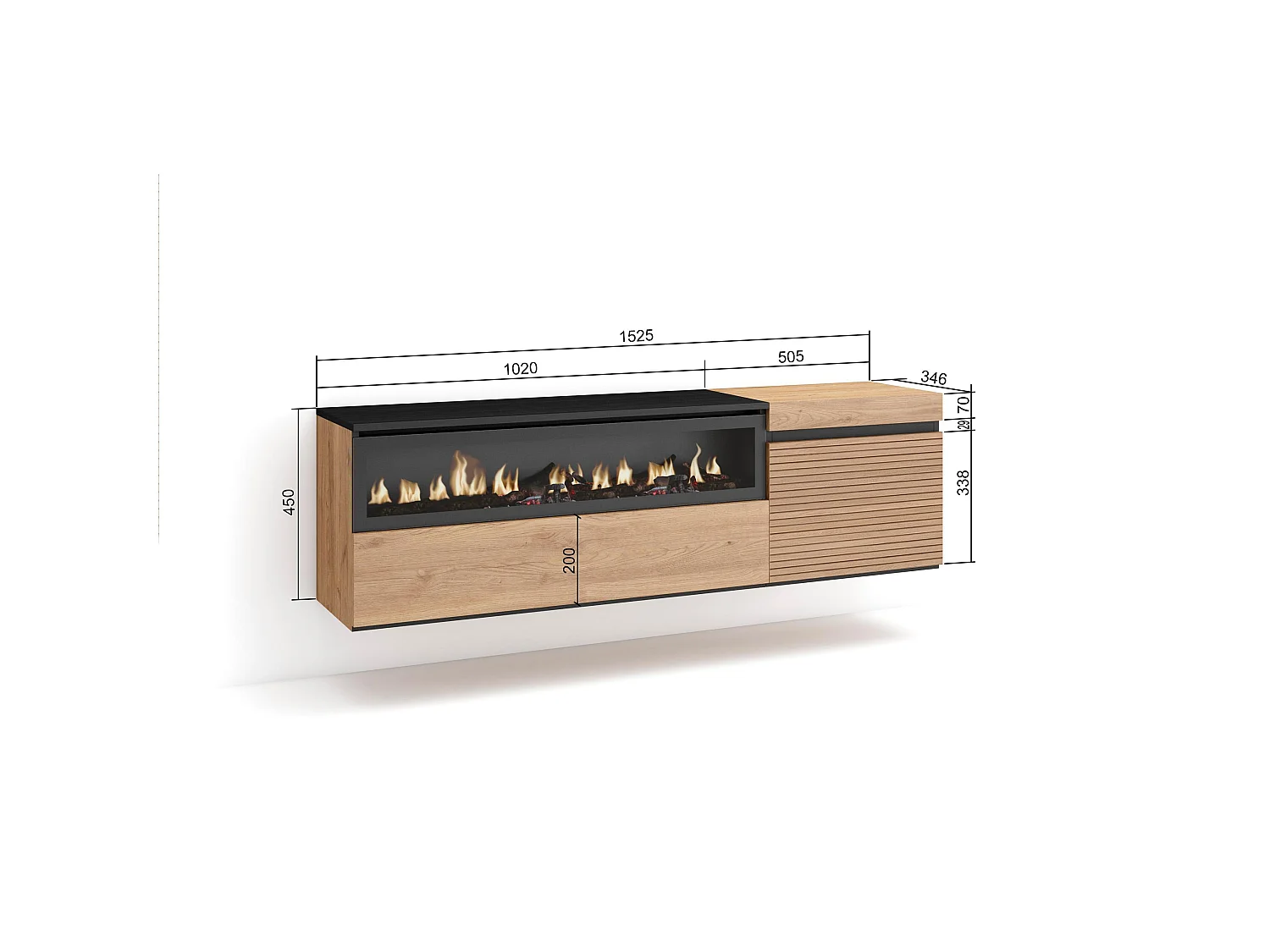 TV-Meubel, Lowboard, 150x35x45cm, Voor tv's tot 65", Elektrische haard, Hangend, Eiken