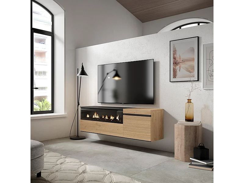 Meuble TV | Banc Télé, 150x35x45cm, Pour les TV jusqu'à 65", Cheminée électrique, Suspendu, Mural, Chêne