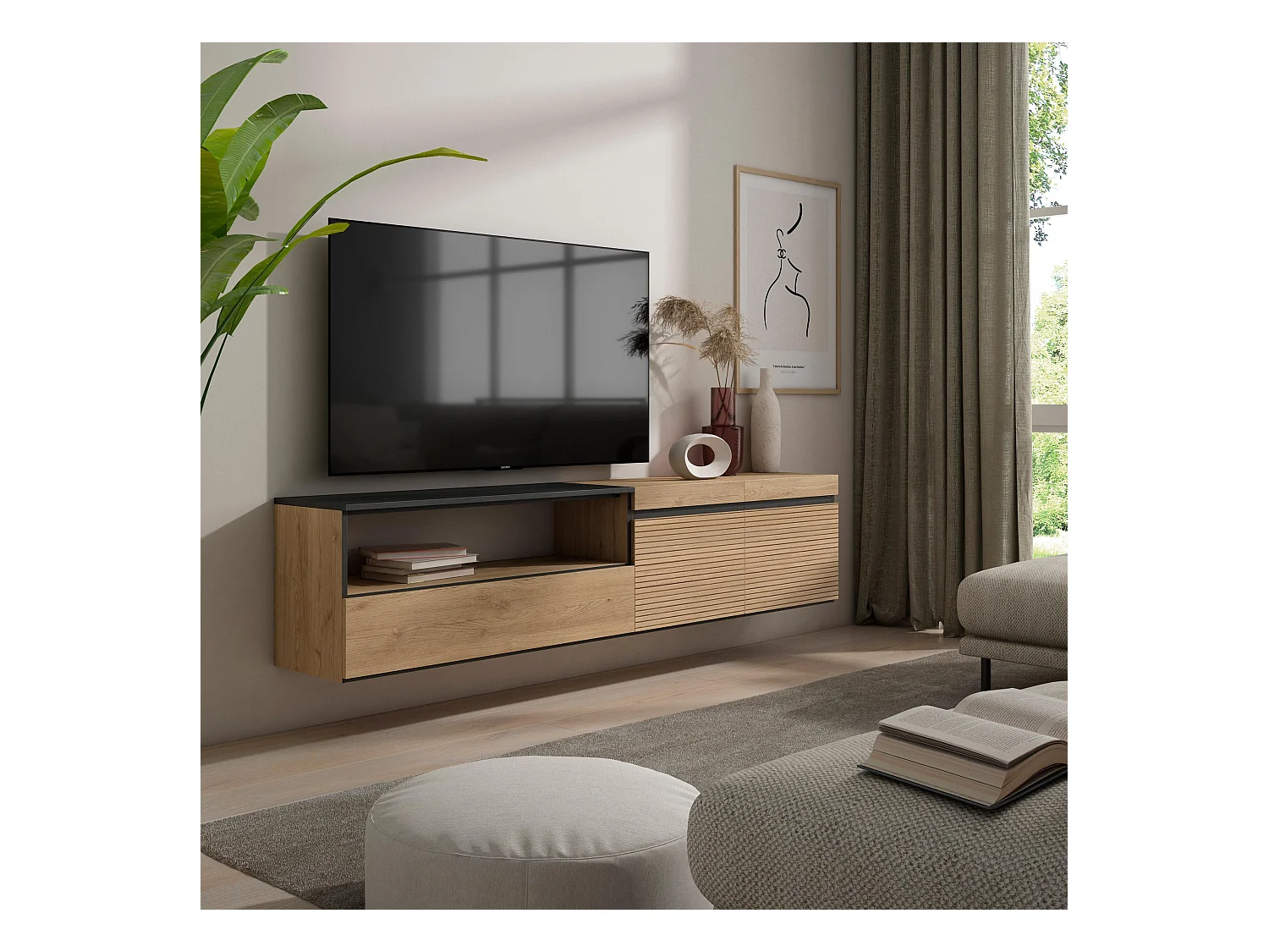 TV-Meubel, Lowboard, 200x45x35cm, Voor tv's tot 80", Hangend, Eiken