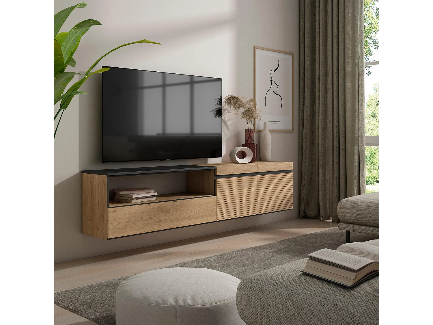 Meuble TV | Banc Télé, 200x45x35cm, Pour les TV jusqu'à 80", Suspendu, Mural, Chêne