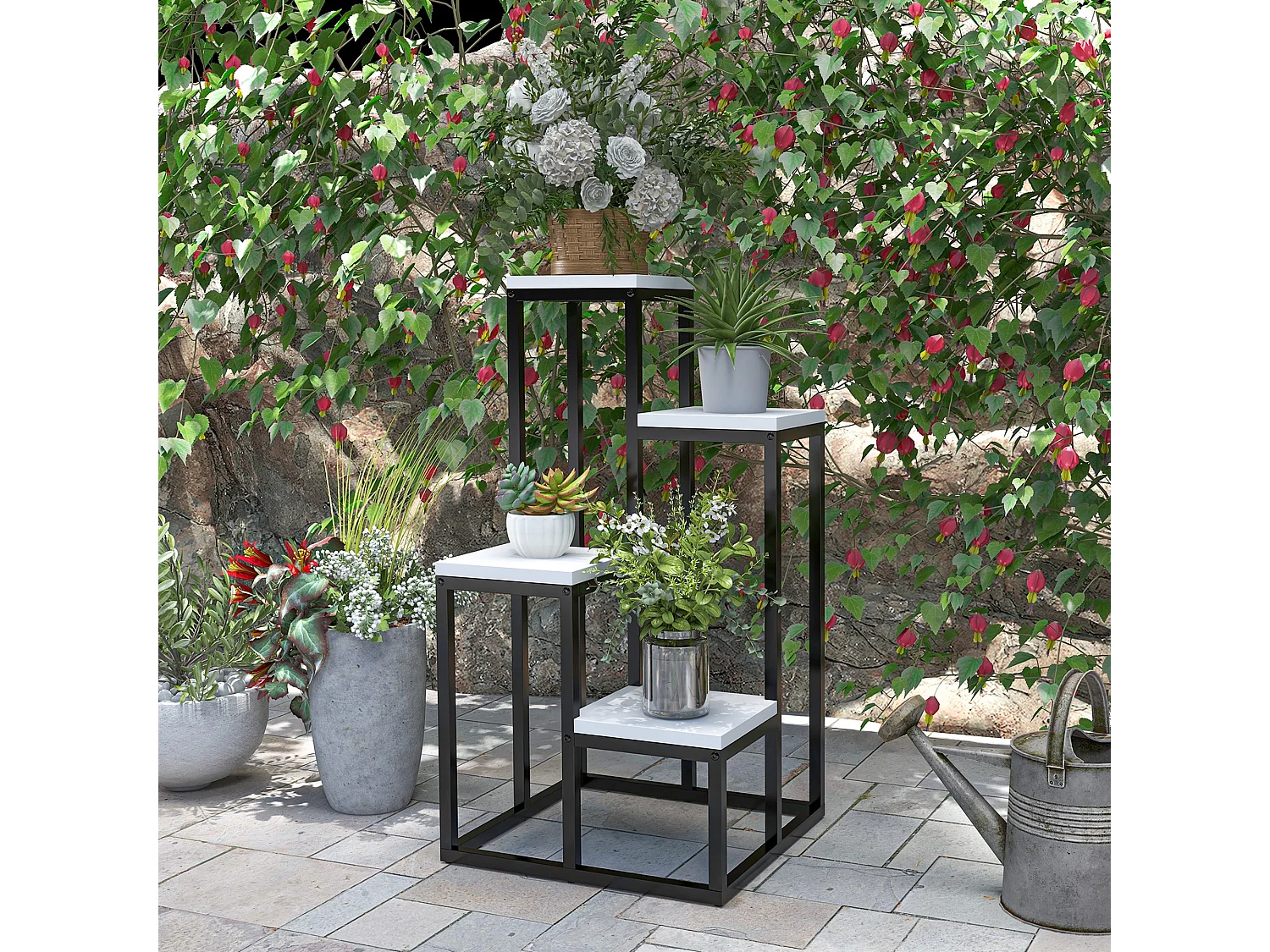 Porte-plantes style industriel 4 étagères - dim. 34L x 34l x 66H cm - métal sapin blanc