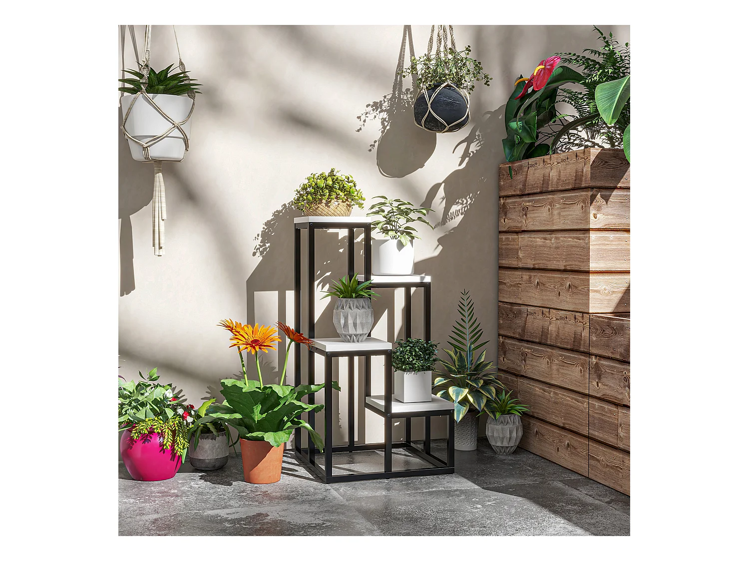 Porte-plantes style industriel 4 étagères - dim. 34L x 34l x 66H cm - métal sapin blanc